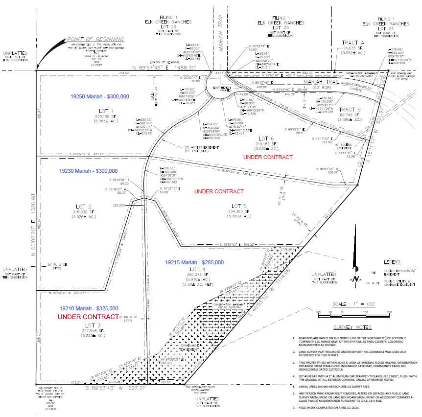 Plat Map of Mariah Trail Custom Home Lots in Colorado Springs